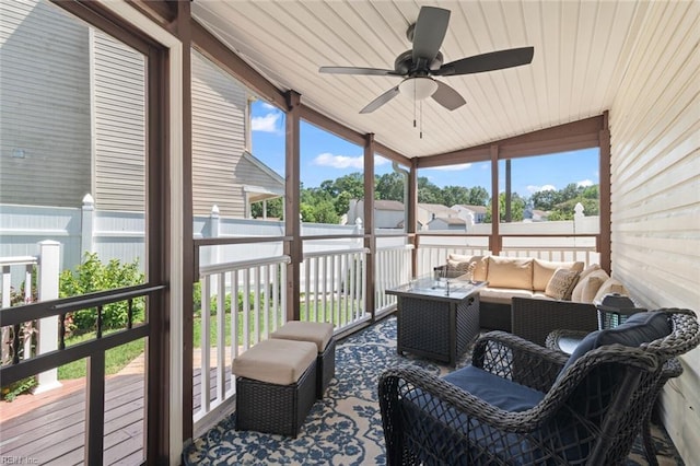 730 Kings Ridge Dr, Newport News, VA 23608 - sunroom with an outdoor hangout area, lofted ceiling, and a ceiling fan