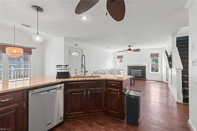 730 Kings Ridge Dr, Newport News, VA 23608 - kitchen with stainless steel dishwasher, ceiling fan, a textured ceiling, dark brown cabinetry, and open floor plan