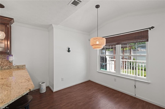 730 Kings Ridge Dr, Newport News, VA 23608 - unfurnished dining area featuring plenty of natural light, wood finished floors, vaulted ceiling, and crown molding