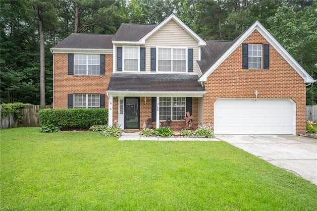 2146 Kingsley Ln, Chesapeake, VA 23323 - view of front of house with concrete driveway, a shingled roof, a garage, and brick siding