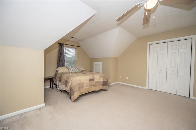 2146 Kingsley Ln, Chesapeake, VA 23323 - bedroom with light colored carpet, vaulted ceiling, ceiling fan, and a closet