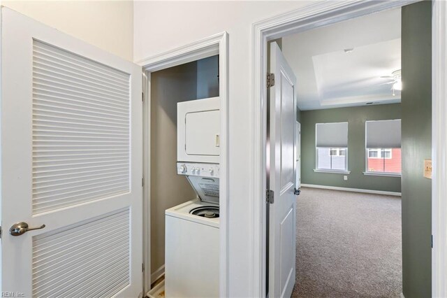 4371 Pickney Ln, Chesapeake, VA 23324 - laundry room with stacked washer / drying machine and carpet flooring