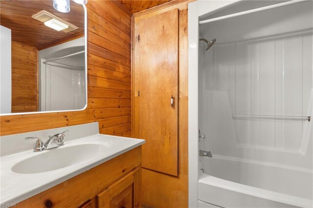 160 Outlaw Ln, Suffolk, VA 23435 - bathroom with wooden walls, vanity, wooden ceiling, and bathtub / shower combination
