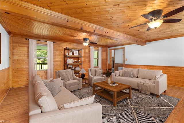 160 Outlaw Ln, Suffolk, VA 23435 - living room with a wood ceiling with exposed beams, wooden walls, healthy amount of natural light, wood finished floors, and ceiling fan