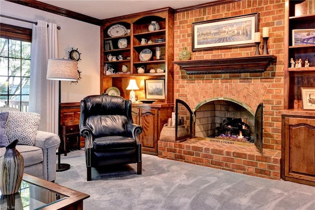 1217 Worthington Ln, Virginia Beach, VA 23464 - living area with carpet, crown molding, a brick fireplace, and built in features