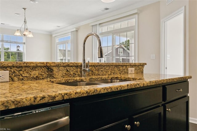 1402 Farringdon Way, Williamsburg, VA 23185 - kitchen with stainless steel dishwasher, crown molding, plenty of natural light, light stone countertops, and pendant lighting