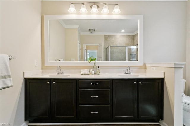 1402 Farringdon Way, Williamsburg, VA 23185 - bathroom featuring double vanity, ornamental molding, and a stall shower