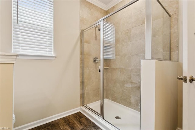 1402 Farringdon Way, Williamsburg, VA 23185 - bathroom featuring crown molding, a shower stall, and wood finished floors