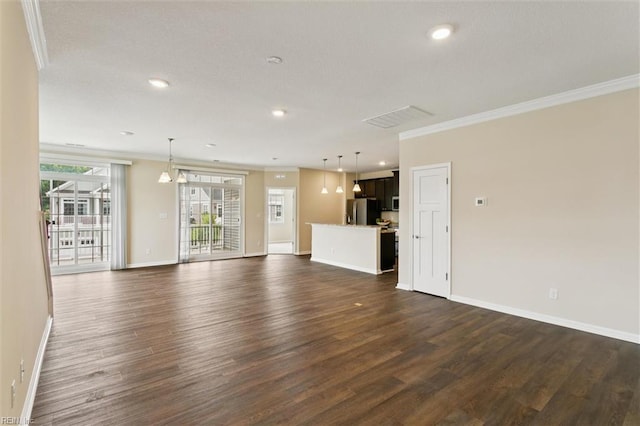 1402 Farringdon Way, Williamsburg, VA 23185 - unfurnished living room with dark wood-style floors, crown molding, and recessed lighting