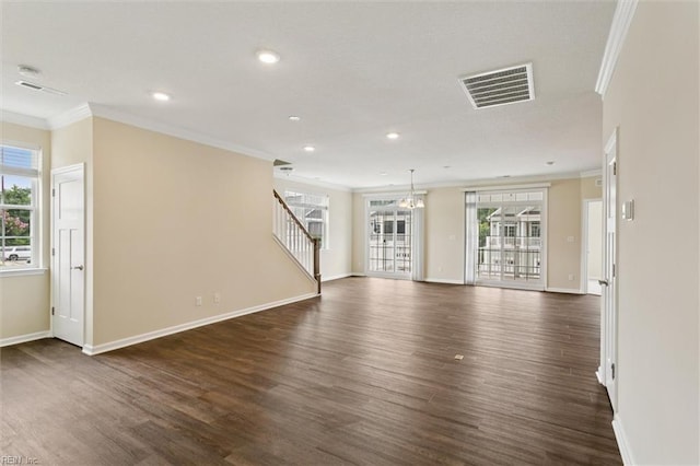 1402 Farringdon Way, Williamsburg, VA 23185 - unfurnished living room featuring ornamental molding, dark wood finished floors, recessed lighting, and stairway