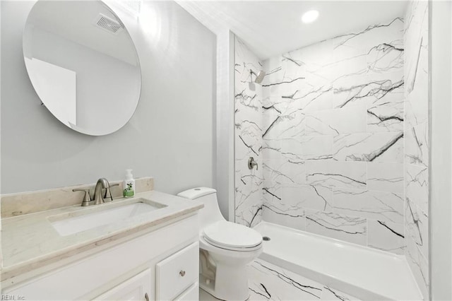 233 Mill Point Dr, Hampton, VA 23669 - full bath featuring vanity, a marble finish shower, marble look tile flooring, and recessed lighting