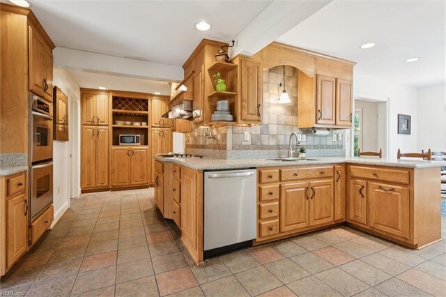 11 Elm Ave, Newport News, VA 23601 - kitchen featuring appliances with stainless steel finishes, open shelves, a peninsula, backsplash, and recessed lighting