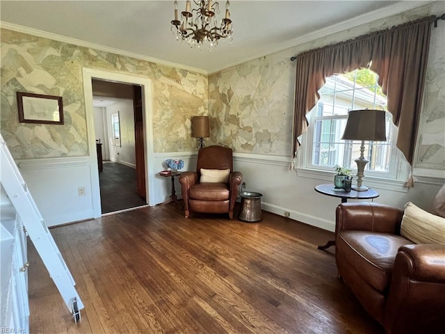 11 Elm Ave, Newport News, VA 23601 - sitting room featuring a wainscoted wall, crown molding, wood-type flooring, a chandelier, and wallpapered walls