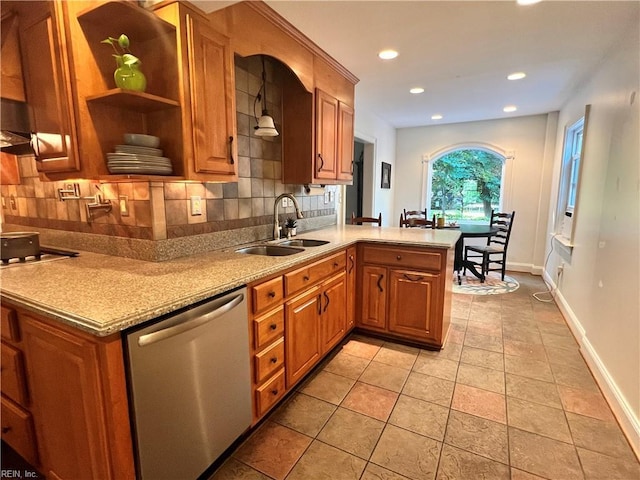 11 Elm Ave, Newport News, VA 23601 - kitchen with dishwasher, tasteful backsplash, a peninsula, brown cabinetry, and recessed lighting
