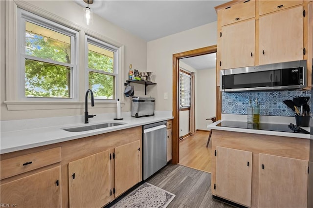 2218 Haywood Ave, Chesapeake, VA 23324 - kitchen with stainless steel appliances, light brown cabinetry, light countertops, and dark wood-type flooring
