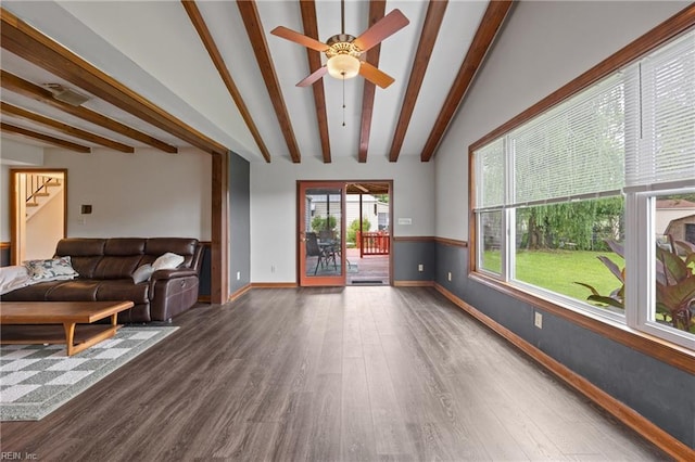 16 Diggs Dr, Hampton, VA 23666 - living room with wood finished floors, ceiling fan, beamed ceiling, and stairs