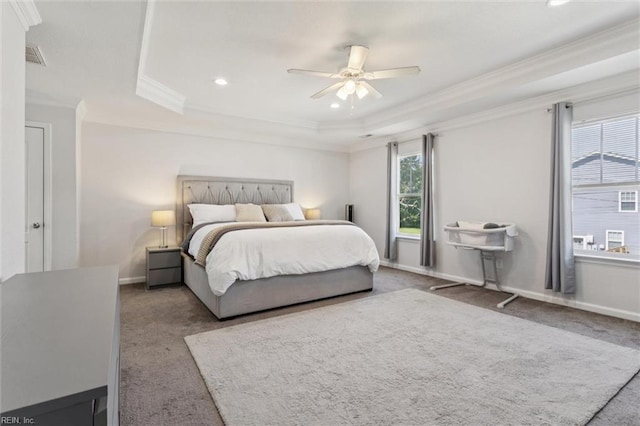 208 Parkdale Ave, Hampton, VA 23669 - bedroom with a tray ceiling, carpet flooring, ornamental molding, recessed lighting, and ceiling fan