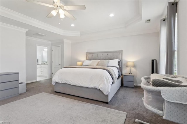 208 Parkdale Ave, Hampton, VA 23669 - carpeted bedroom with a tray ceiling, ornamental molding, recessed lighting, ensuite bath, and ceiling fan