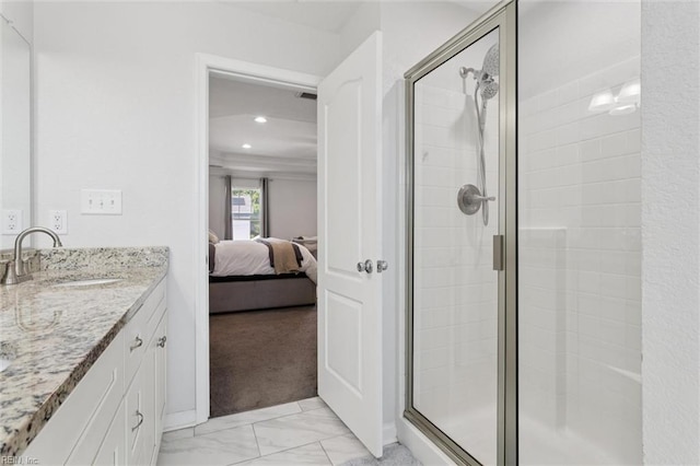 208 Parkdale Ave, Hampton, VA 23669 - ensuite bathroom featuring a stall shower, vanity, marble finish flooring, and recessed lighting