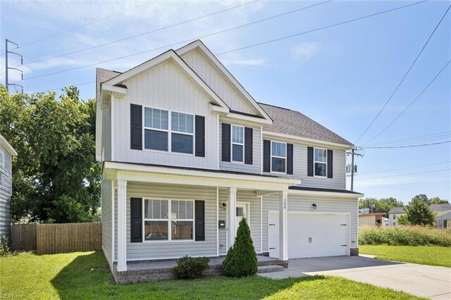 208 Parkdale Ave, Hampton, VA 23669 - view of front facade featuring board and batten siding, covered porch, a garage, and driveway