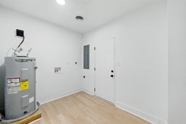 3144 Aaron Dr, Chesapeake, VA 23323 - laundry room with electric water heater, electric dryer hookup, electric panel, light wood-style flooring, and washer hookup