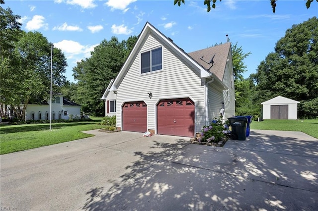 4041 Hargrove Lndg, Suffolk, VA 23435 - view of side of property featuring driveway, a yard, an attached garage, and a shed