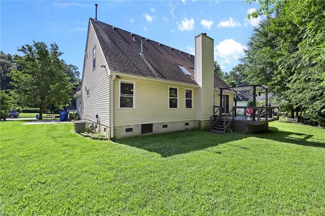 4041 Hargrove Lndg, Suffolk, VA 23435 - back of property featuring a chimney, a deck, a yard, a pergola, and roof with shingles