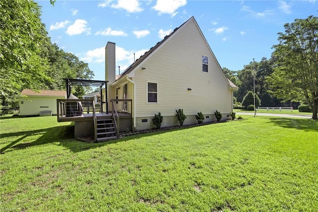 4041 Hargrove Lndg, Suffolk, VA 23435 - rear view of house featuring a wooden deck, a chimney, a lawn, and crawl space