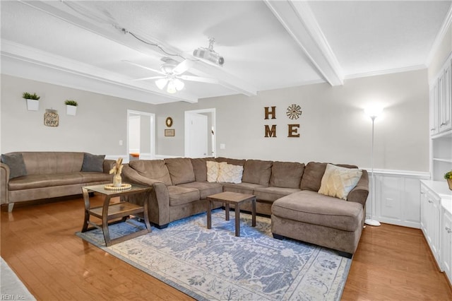 605 Hollygate Ln, Chesapeake, VA 23322 - living area featuring light wood-style flooring, beam ceiling, a ceiling fan, and crown molding