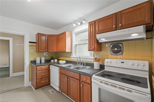 440 Maryland Ave, Norfolk, VA 23508 - kitchen with white appliances, under cabinet range hood, a baseboard radiator, backsplash, and dark countertops