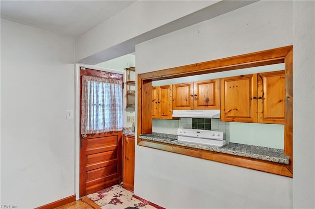 4861 Honeygrove Rd, Virginia Beach, VA 23455 - kitchen with under cabinet range hood, electric range, backsplash, brown cabinets, and light wood-type flooring