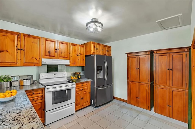 4861 Honeygrove Rd, Virginia Beach, VA 23455 - kitchen with white electric stove, stainless steel fridge with ice dispenser, under cabinet range hood, and brown cabinets