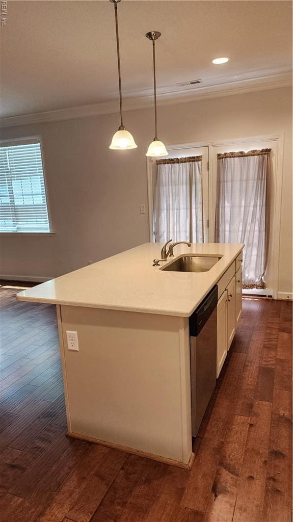 217 Wineberry Way, Yorktown, VA 23692 - kitchen with dishwasher, dark wood-type flooring, crown molding, white cabinetry, and light countertops