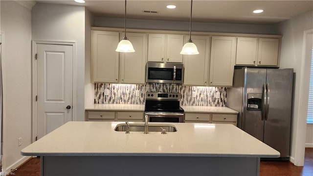 217 Wineberry Way, Yorktown, VA 23692 - kitchen with stainless steel appliances, dark wood-type flooring, light countertops, backsplash, and recessed lighting