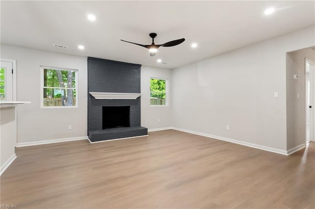 4809 Orchard Ln, Virginia Beach, VA 23464 - unfurnished living room with ceiling fan, light wood-type flooring, recessed lighting, and a fireplace
