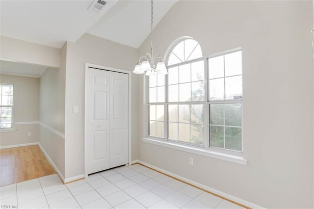 816 Mccrae Dr, Newport News, VA 23608 - unfurnished dining area featuring a chandelier and lofted ceiling