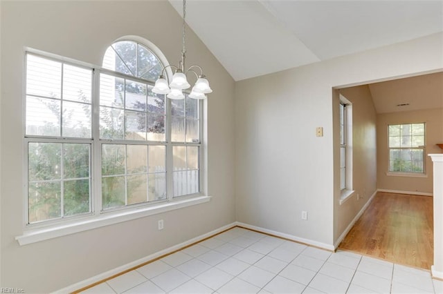 816 Mccrae Dr, Newport News, VA 23608 - unfurnished dining area with a chandelier, lofted ceiling, and tile patterned flooring