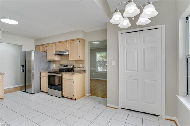 816 Mccrae Dr, Newport News, VA 23608 - kitchen featuring stainless steel appliances, under cabinet range hood, a chandelier, light brown cabinetry, and backsplash