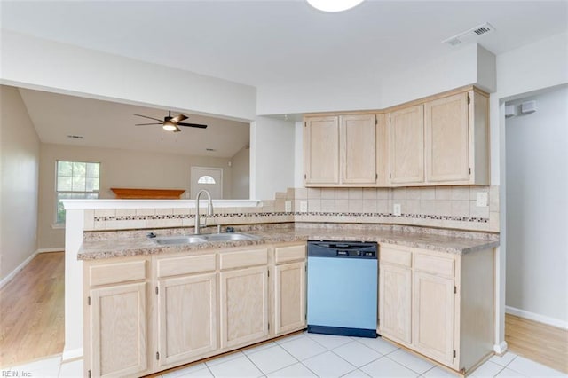 816 Mccrae Dr, Newport News, VA 23608 - kitchen with dishwasher, light brown cabinetry, decorative backsplash, a ceiling fan, and a peninsula