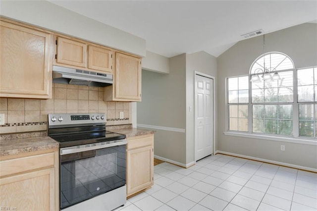 816 Mccrae Dr, Newport News, VA 23608 - kitchen featuring stainless steel range with electric cooktop, light brown cabinetry, under cabinet range hood, decorative backsplash, and lofted ceiling