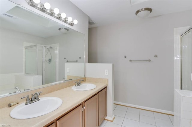 816 Mccrae Dr, Newport News, VA 23608 - bathroom with a shower stall, double vanity, tile patterned floors, and a bathtub