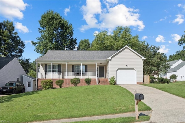 100 Peacepipe Pl, Williamsburg, VA 23185 - ranch-style home featuring a porch, an attached garage, driveway, and a front yard
