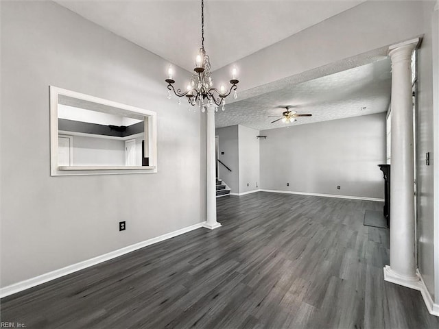 100 Peacepipe Pl, Williamsburg, VA 23185 - unfurnished room with dark wood-style flooring, ceiling fan, stairs, and a chandelier