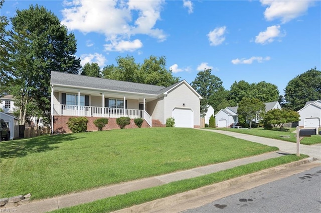 100 Peacepipe Pl, Williamsburg, VA 23185 - ranch-style home featuring a porch, a garage, a front lawn, and concrete driveway