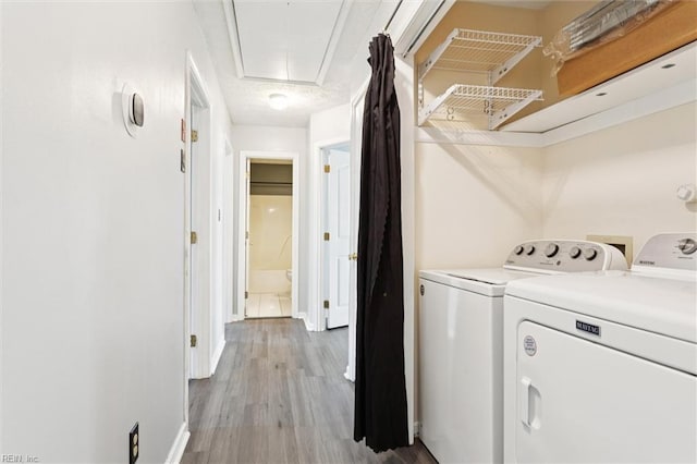 100 Peacepipe Pl, Williamsburg, VA 23185 - laundry area featuring washing machine and clothes dryer, attic access, and light wood-style flooring