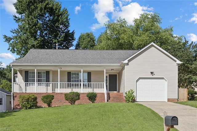 100 Peacepipe Pl, Williamsburg, VA 23185 - ranch-style home featuring covered porch, driveway, a front yard, an attached garage, and roof with shingles