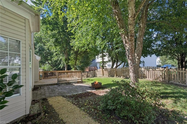 100 Peacepipe Pl, Williamsburg, VA 23185 - fenced backyard with a fire pit, a wooden deck, and a patio area