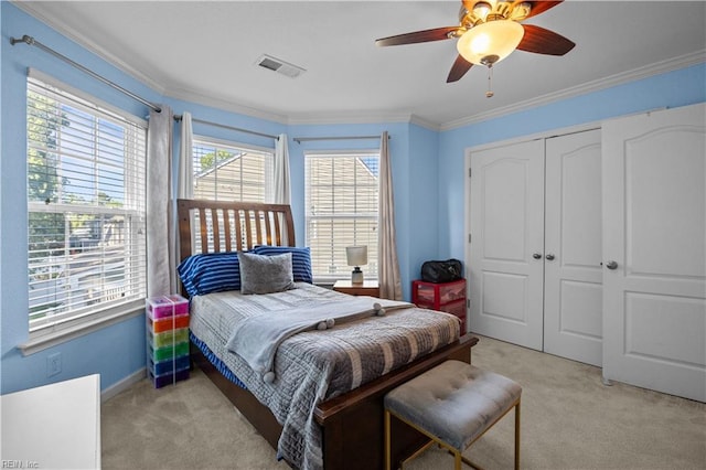 1949 Lemonwood Rd, Chesapeake, VA 23323 - bedroom with light colored carpet, ornamental molding, a closet, and ceiling fan