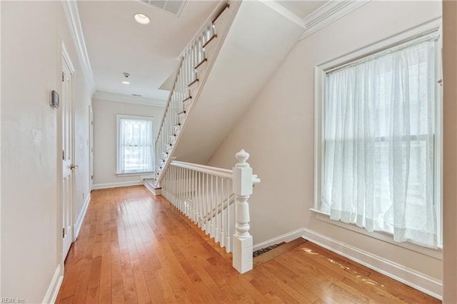 623 London St, Portsmouth, VA 23704 - hallway featuring crown molding, light wood-style flooring, an upstairs landing, and recessed lighting