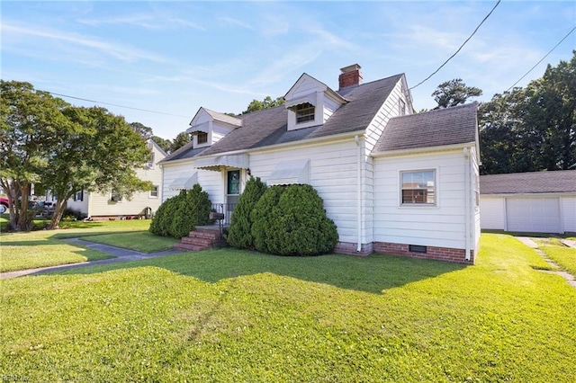 1132 Proctor St, Suffolk, VA 23434 - new england style home featuring a front lawn, crawl space, roof with shingles, a garage, and a chimney
